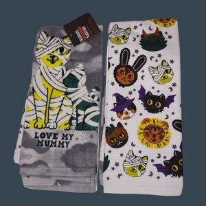 Celebrate Halloween Together Kitchen Towels Set Of 2 Cat & Mummy Design New